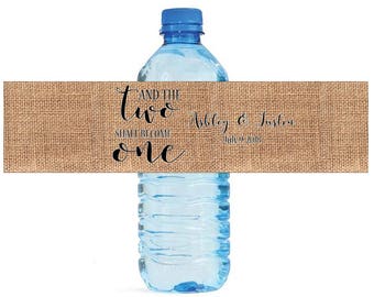And the Two Shall Become One on Burlap Wedding Engagement Party Water Bottle Labels Customizeable labels Black and White