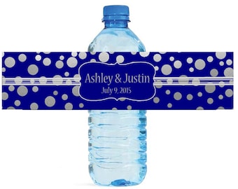 Silver Confetti on Navy Blue background Wedding Anniversary Water Bottle Labels Customizable labels Easy to use