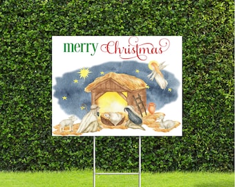 Nativity Scene Merry Christmas Yard Sign, Large 18"x22" Sign, Metal H Stake is Included