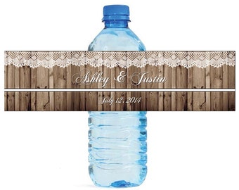 Rustic Wood and Lace Wedding Anniversary Water Bottle Labels Customizable labels