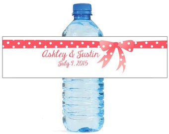 Red Polka dot bow with names and date Wedding Anniversary Water Bottle Labels Customizeable labels