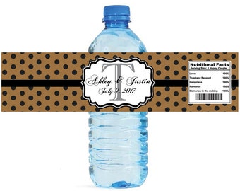 Kraft paper and black glitter dots Monogram Wedding Water Bottle Labels Great for Engagement Bridal Shower Anniversary Party self stick