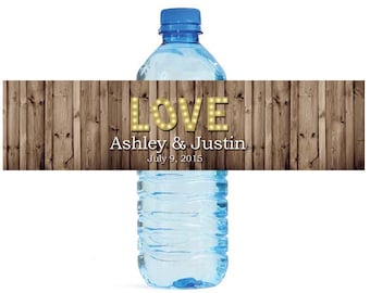 Rustic Wood Marquee LOVE Wedding Anniversary Engagment Party Water Bottle Labels Customizeable self stick labels