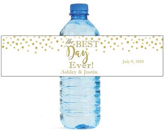 The Best Day Ever Gold Confetti on white background Wedding Anniversary Water Bottle Labels Customizable labels self stick, easy to use