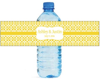 Yellow Moroccan Trellis pattern Wedding Anniversary Water Bottle Labels Customizable labels