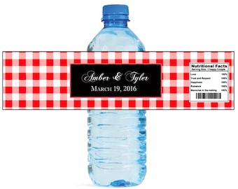 Red Gingham Black Box Wedding Water Bottle Labels Great for Engagement Bridal Shower Party Picnic Easy to use, self stick labels