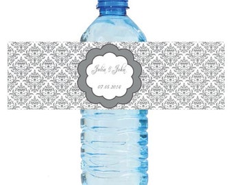 100 Silver Damask Wedding Anniversary Water Bottle Labels Great for Engagement Bridal Shower Party 8"x2"