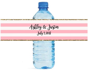 Pink & White Stripes with Gold border bridal shower Wedding Anniversary Water Bottle Labels Customizeable labels easy to use