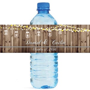 Rustic Wood Market lights and hanging Mason Jars Wedding Anniversary Water Bottle Labels Customizeable labels Easy to use self stick labels