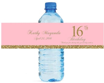 Sweet 16 Birthday Pink & Gold Water Bottle Labels easy to apply self stick label