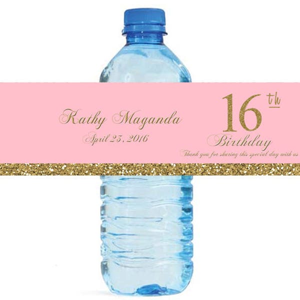 Sweet 16 Birthday Pink & Gold Water Bottle Labels easy to apply self stick label