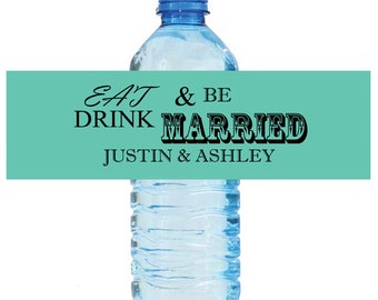 Mint background Eat Drink & Be Married Wedding Water Bottle Labels Great for Engagement Bridal Shower Party