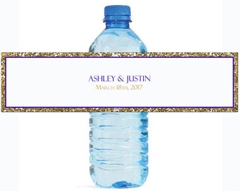 Gold glitter and purple Wedding Water Bottle Labels Great for Engagement Bridal Shower Anniversary Party self stick