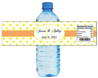 Yellow Polka Dot with Orange Band Monogram Wedding Water Bottle Labels Great for Engagement Bridal Shower Party