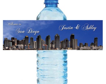 San Diego Skyline Wedding Anniversary Bridal Shower Water Bottle Labels Great for Engagement Party
