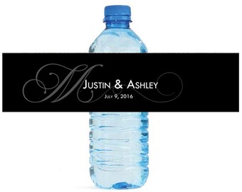 Black Monogram Elegant Wedding Anniversary Engagment Party Water Bottle Labels Customizeable self stick labels