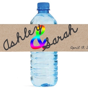 Kraft paper and Script with Rainbow Wedding Anniversary Engagment Party Water Bottle Labels Customizeable self stick gay lesbian pride equal