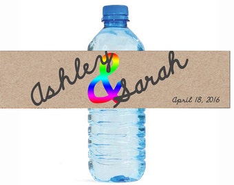 Kraft paper and Script with Rainbow Wedding Anniversary Engagment Party Water Bottle Labels Customizeable self stick gay lesbian pride equal