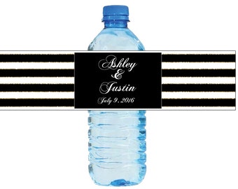 Black White & Gold Stripes Wedding Water Bottle Labels Great for Engagement Bridal Shower Party