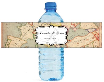 World Map Travel Theme World Traveller Wedding Water Bottle Labels Great for Engagement Bridal Shower Party Self Stick, Easy to use