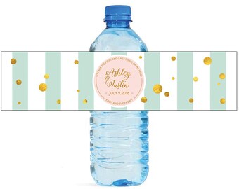 You Are The First Thing On My Mind Gold confetti on Stripes Wedding Anniversary Water Bottle Labels Customizable labels Self stick