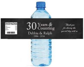 Black Chalkboard 30th Anniversary Water Bottle Labels Customizeable labels 30 years and counting