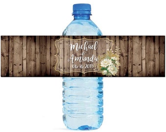 White and Gold floral frame on Rustic Wood Wedding Water Bottle Labels Great for Engagement Bridal Shower Birthday Party Anniversary