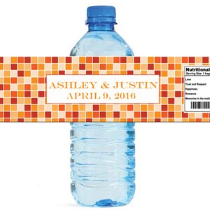 Mosaic Tangerine Orange Wedding Anniversary Sweet 16 Water Bottle Labels Great for Engagement Bridal Shower Party