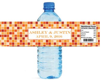 Mosaic Tangerine Orange Wedding Anniversary Sweet 16 Water Bottle Labels Great for Engagement Bridal Shower Party
