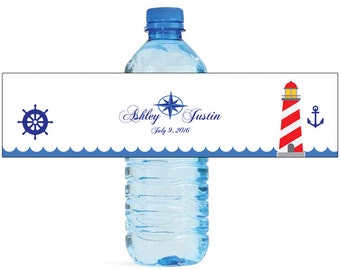 Nautical Star Wedding Anniversary Water Bottle Labels Customizeable labels Ocean Beach Lighthouse