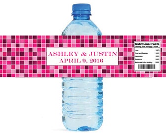 Mosaic Raspberry Red Wedding Anniversary Sweet 16 Water Bottle Labels Great for Engagement Bridal Shower Party