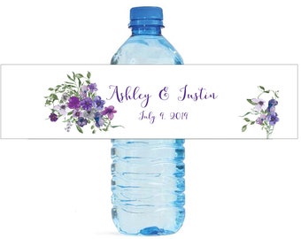 Purple Floral Arrangement Watercolor Wedding Water Bottle Labels Engagement Bridal Shower Birthday Party self stick Birthday Bridal