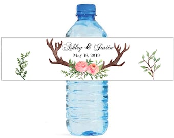 Water Color Antlers & Floral Wreath Wedding / Engagement party / special occasion self adhesive water bottle labels