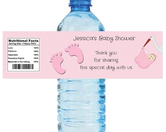 Pink Stork Baby Shower Water Bottle Labels Celebrations Baby coming