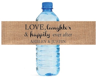 100 Burlap Love Laughter happily ever after Wedding Water Bottle Labels Great for Engagement Bridal Shower Party