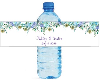 Boho Mint & Blue floral Watercolor Wedding Water Bottle Labels Engagement Bridal Shower Birthday Party self stick Birthday Bridal