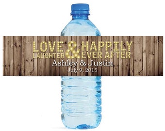 Rustic Wood Marquee Letters Love Laughter Happily Ever After Wedding Anniversary Engagment Water Bottle Labels Customizeable self stick