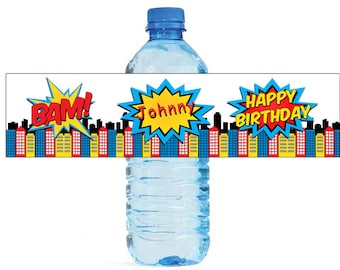 Comic book city Theme Kids Birthday Water Bottle Labels Great for all sorts of parties and get togethers easy to use self stick labels