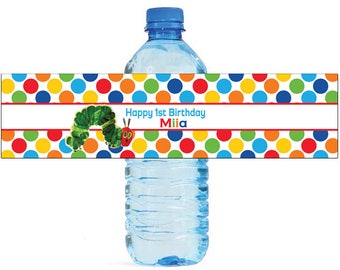 Caterpillar Theme Water Bottle Labels Celebrations Birthday Party, Kids party, polka dots