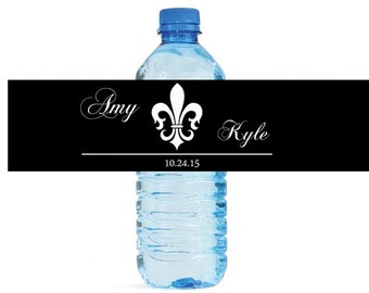 Black with white Fleur de Lis Wedding Anniversary Water Bottle Labels Customizeable labels 2 sizes available