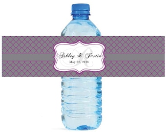 Gray and Plum Monogram Wedding Water Bottle Labels Great for Engagement Bridal Shower Party