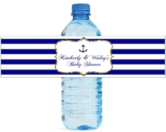 Navy Blue, White & Gold frame with nautical anchor Wedding Water Bottle Labels Great for Engagement Bridal Shower Party