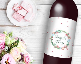 Floral Wreath Over Hearts Wine / Beer Bottle Labels Great for Engagement Bridal Shower Party self stick easy to use labels