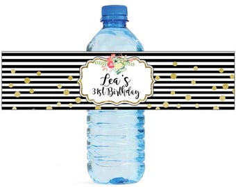 Black and White stripes with Gold dots Wedding Water Bottle Labels Great for Engagement Bridal Shower Birthday Party Sweet 16