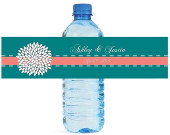 White Dahlia with Teal and Coral Wedding Anniversary Sweet 16 Water Bottle Labels Great for Engagement Bridal Shower Party