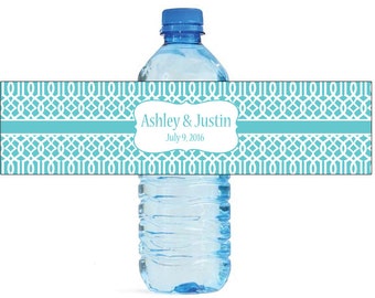 Teal Moroccan Trellis pattern Wedding Anniversary Water Bottle Labels Customizable labels