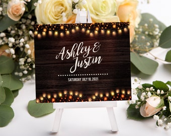 Rustic Wood & String Lights Sign Customizable Wedding, Birthday, Anniversary Sign with Metal H Stake