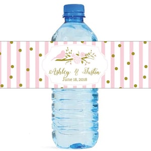 Pink Stripes and gold dots Wedding Anniversary Water Bottle Labels Great for Bridal Showers, Engagement Party, Birthday, Special Occasions