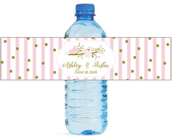 Pink Stripes and gold dots Wedding Anniversary Water Bottle Labels Great for Bridal Showers, Engagement Party, Birthday, Special Occasions
