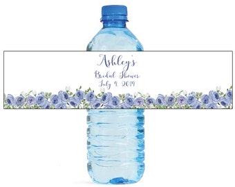 Blue Floral roses bridal shower Wedding Anniversary Water Bottle Labels Customizeable labels Easy to use self stick labels water color roses